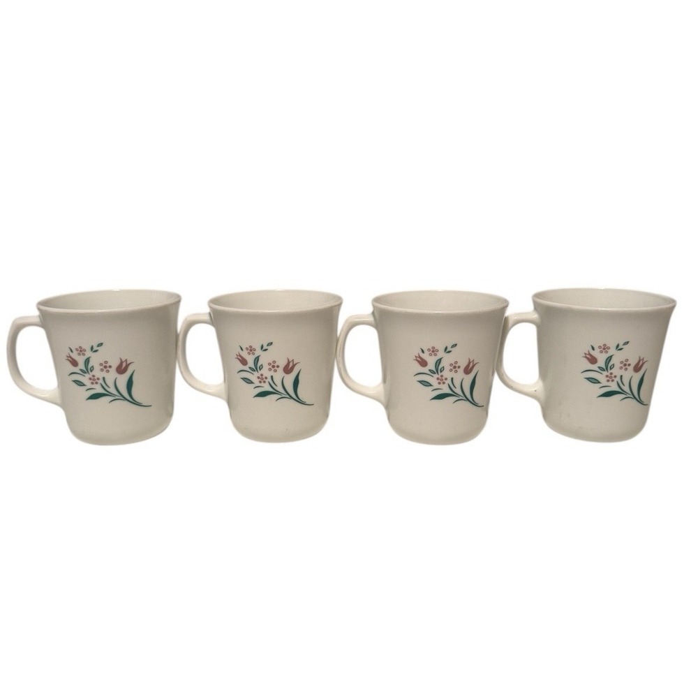 Vintage Corelle Corning Ware Rosemarie Pink Tulip Coffee Cups - Set of 4